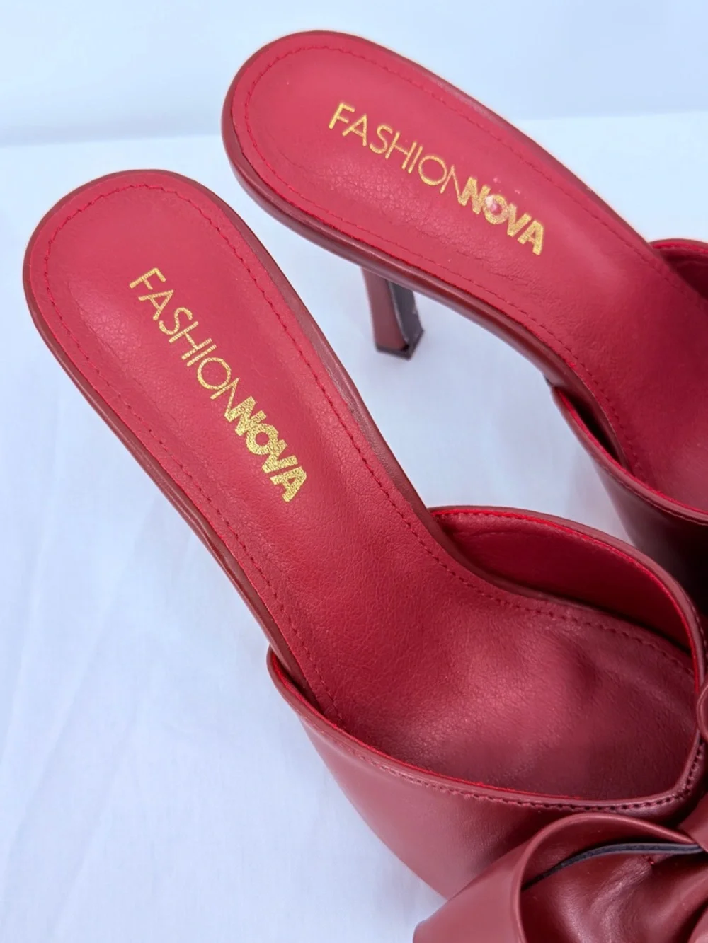 Fashion Nova Red Bow Heels Size 7.5 Pointed Toe Mule Stiletto Slip On